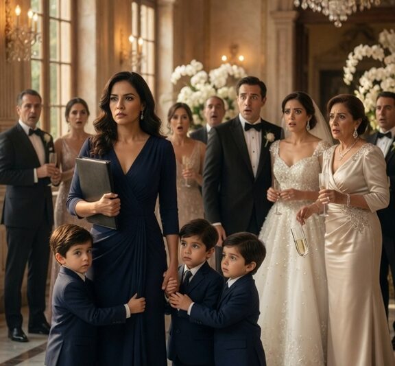 La familia de mi exesposo me invitó a su boda para sentarme sola en la última fila y verlo casarse con la mujer que eligió mientras yo estaba en el hospital. Esperaban que llorara. Esperaban verme destruida. Pero no esperaban que entrara a la capilla tomada de las manos de tres niños… con una carpeta legal capaz de acabar con el apellido De la Vega.