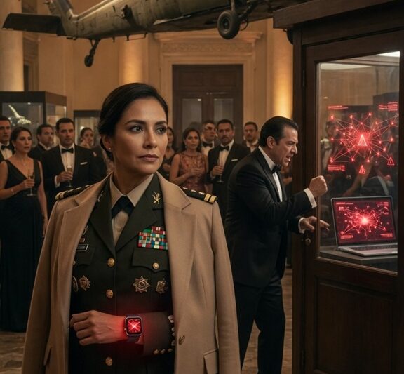 ESTABA JUNTO A MI ESPOSO EN UNA GALA DE LUJO EN UN MUSEO, MIENTRAS SU FAMILIA SE REÍA DE MÍ COMO SI SOLO FUERA LA INOFENSIVA “ESPOSA DE OFICINA”, PERO CUANDO UNA ALERTA DIGITAL SILENCIOSA ILUMINÓ MI RELOJ, EL RASTRO ME LLEVÓ DIRECTO A SU LAPTOP… Y EL UNIFORME ESCONDIDO BAJO MI ABRIGO CAMBIÓ TODO EL SALÓN.