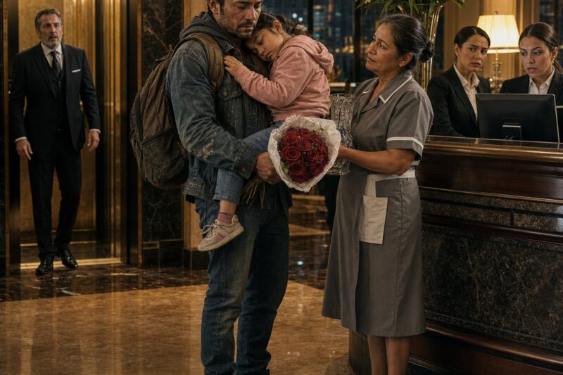 Lo humillaron en su propio hotel por cargar a su hija dormida… pero cuando el gerente escuchó su apellido, todos se quedaron helados