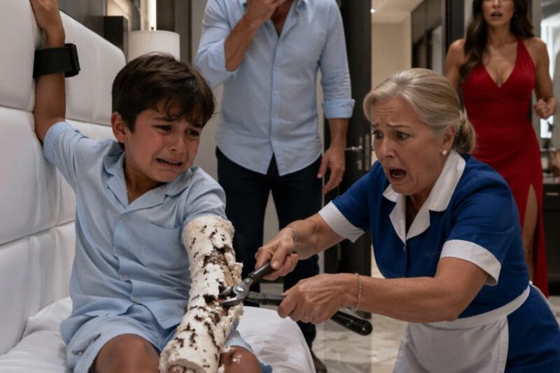 Cuando el niño suplicó “córtame el brazo, ya no lo quiero”, su padre firmaba los papeles para encerrarlo en una clínica psiquiátrica; la niñera no discutió, cerró la puerta con llave y abrió el yeso a la fuerza… hasta que el olor dulce reveló una traición dentro de la familia.