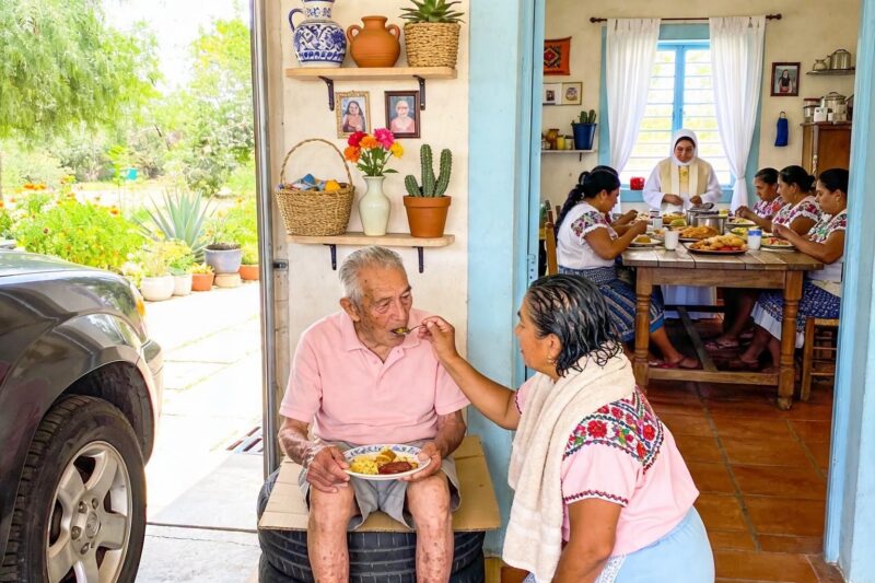 A mi Pedro lo sentaron a comer en el suelo de la cochera, sobre un cartón, junto a las llantas, mientras adentro la mesa estaba puesta para doce señoras de la iglesia.
