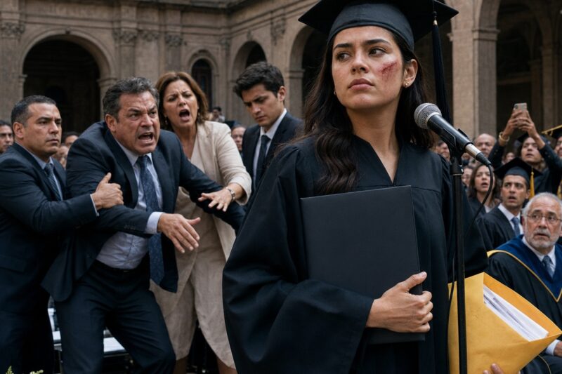 Su padre la abofeteó en plena graduación y su madre la llamó inútil… pero el micrófono reveló quién había robado 240,000 pesos durante 4 años